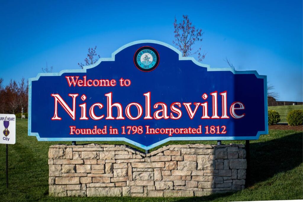 A sign that reads, "Welcome to Nicholasville, Founded in 1798 Incorporated 1812" in Nicholasville, KY